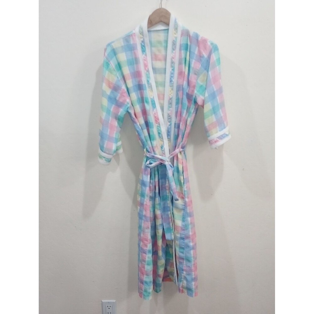 Madras Plaid Pastel Checked House Coat Robe - Vintage 80s! - Picture 10 of 10